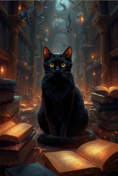 plaid littéraire chat noir dans bibliothèque fantastique